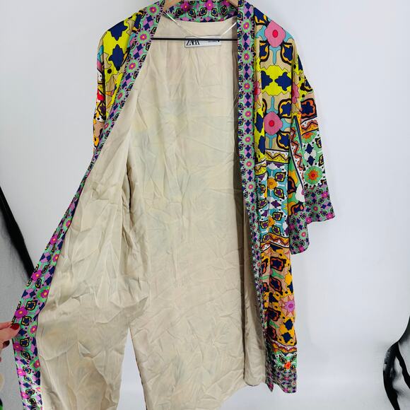 Zara Multicolor Boho Patchwork Maxi Kimono Duster Coat Size Small No Belt - Picture 6 of 9